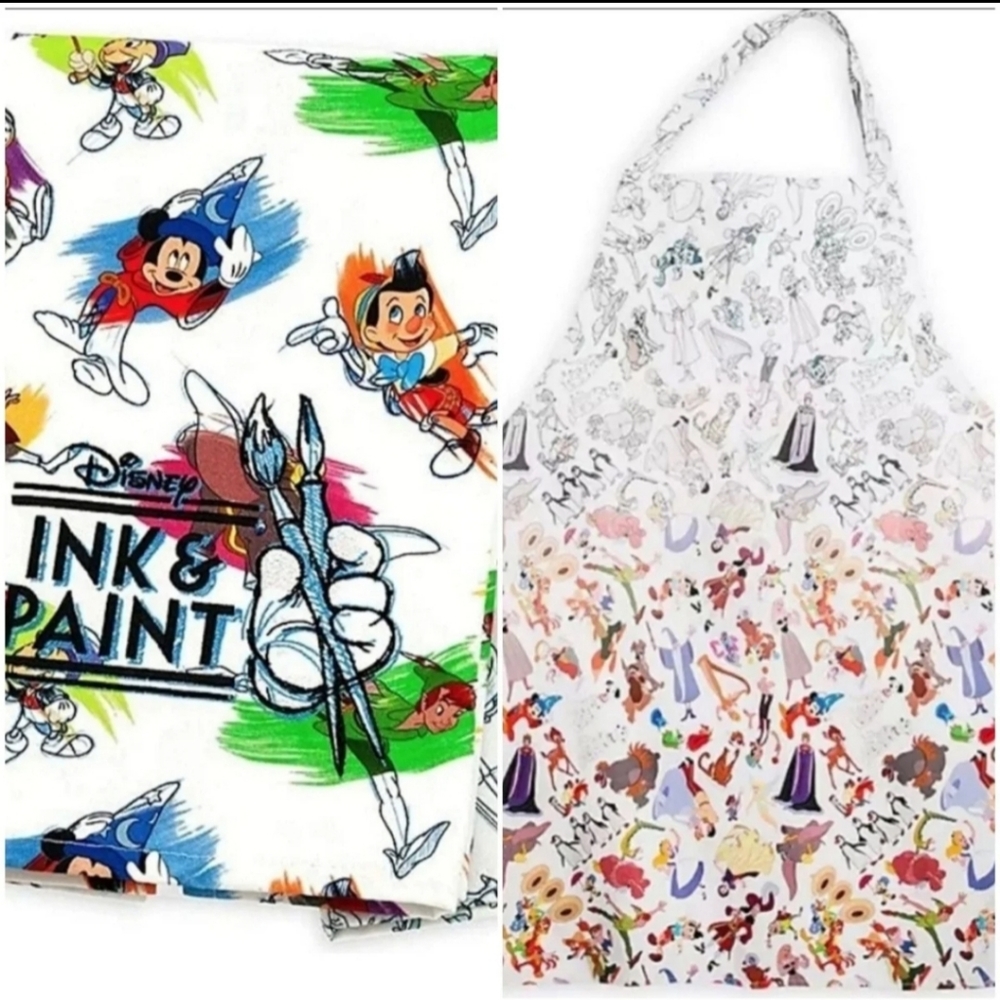 DISNEY PARKS INK & PAINT ADULT & CHILD APRON / 2 PACK KITCHEN TOWELS
